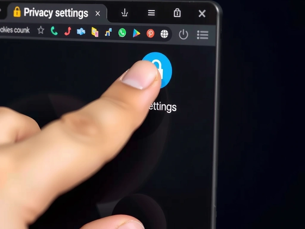 Ruka klikající na ikonu nastavení soukromí v prohlížeči, symbolizující správu cookies.